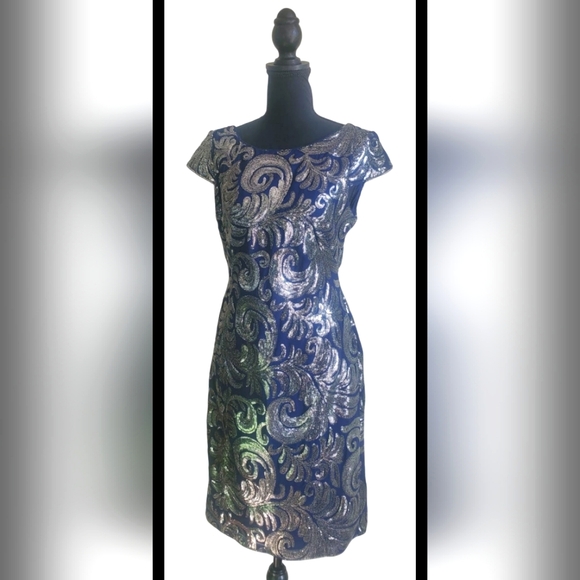Adrianna Papell Sequin Chiffon Cocktail Dress Cap Sleeve Blue Silver Size 8 - Picture 3 of 16